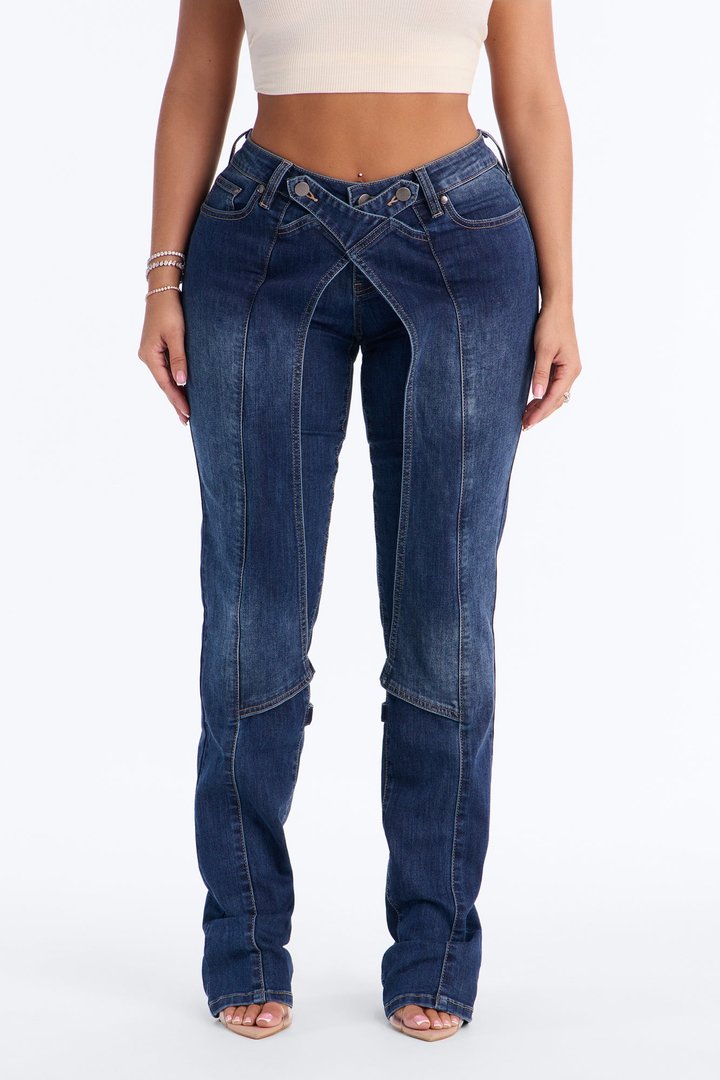 Cross My Mind Stacked Low Rise Slim Straight Leg Jeans - Dark Wash