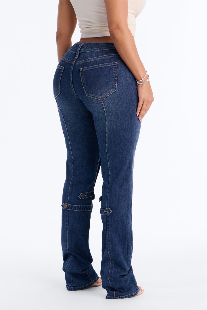 Cross My Mind Stacked Low Rise Slim Straight Leg Jeans - Dark Wash