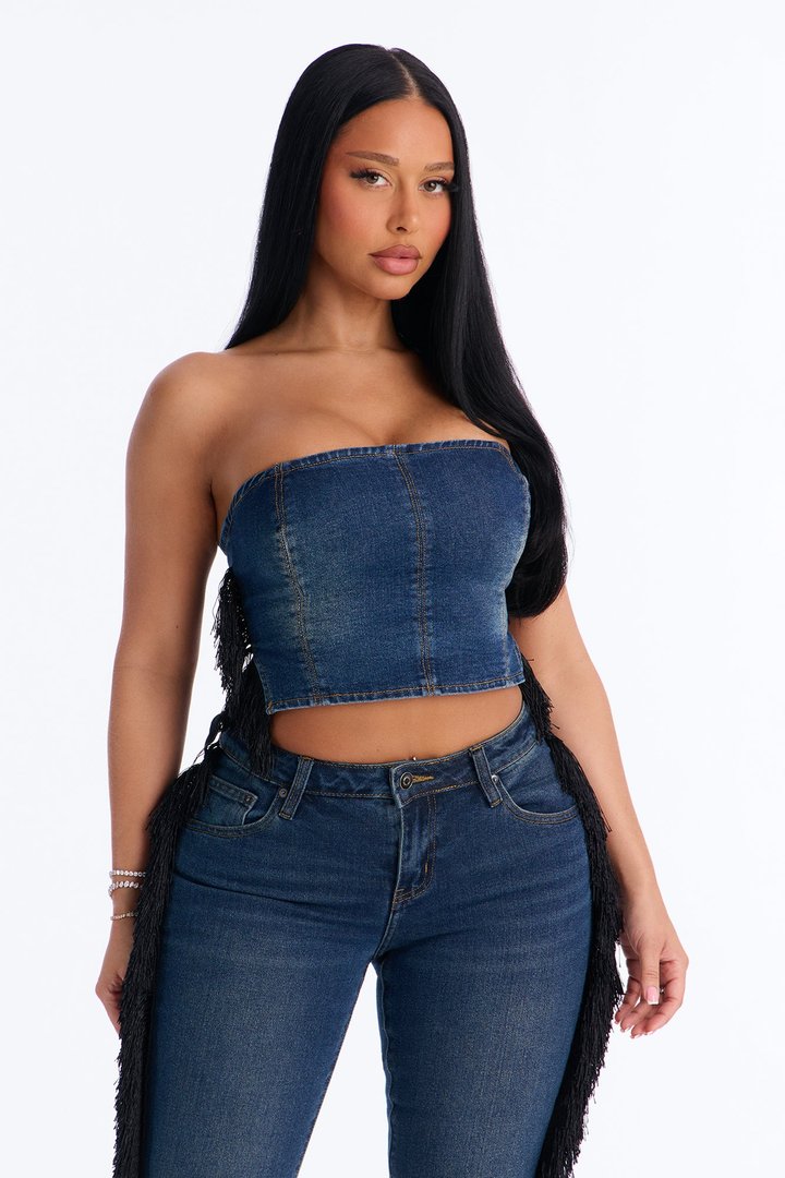 Denim Drama Fringe Pant Set - Dark Wash