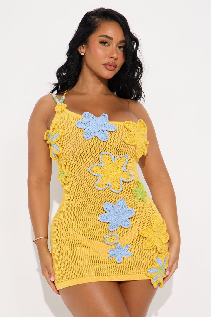 Spring Love Crochet One Shoulder Floral Cover Up - Yellow/combo