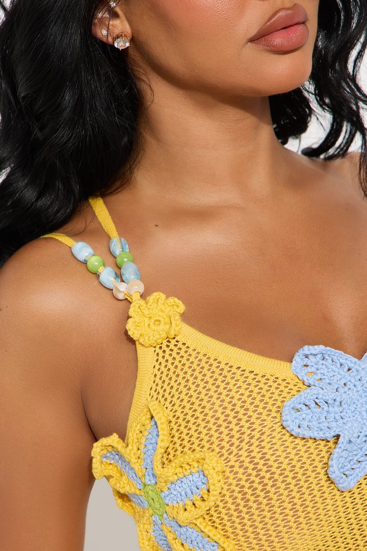 Spring Love Crochet One Shoulder Floral Cover Up - Yellow/combo