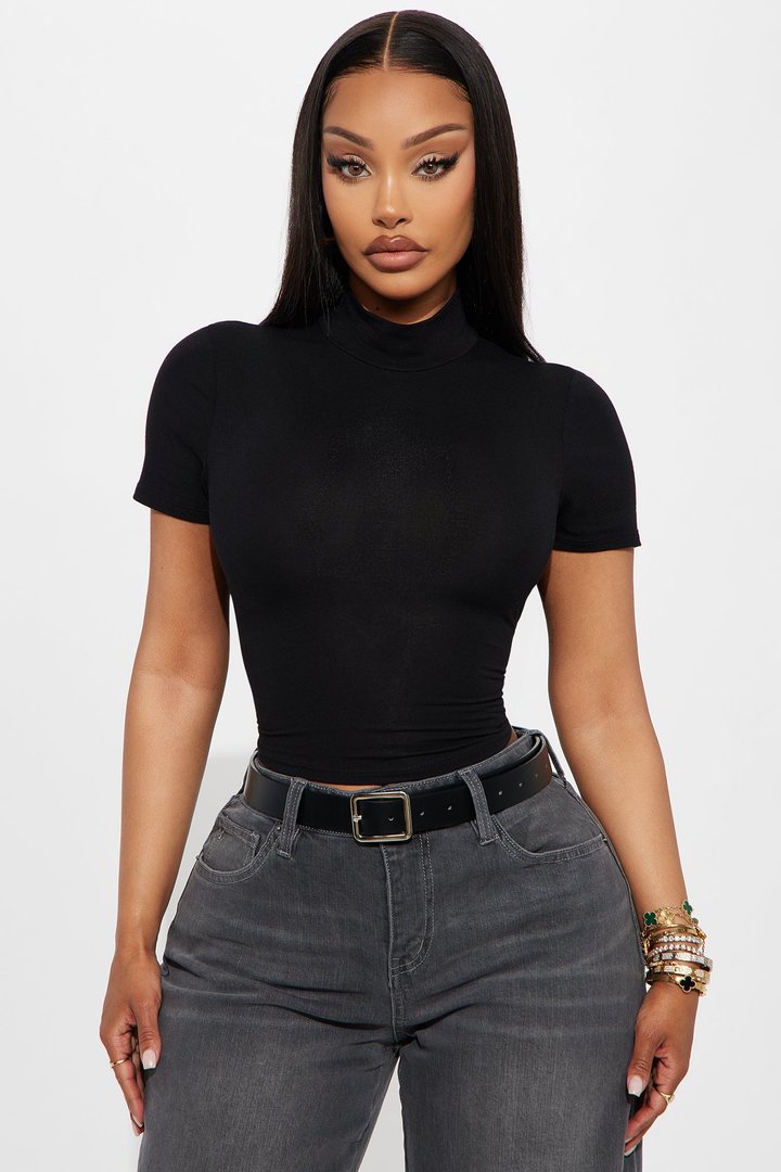 Jade Mock Neck Baby Tee - Black