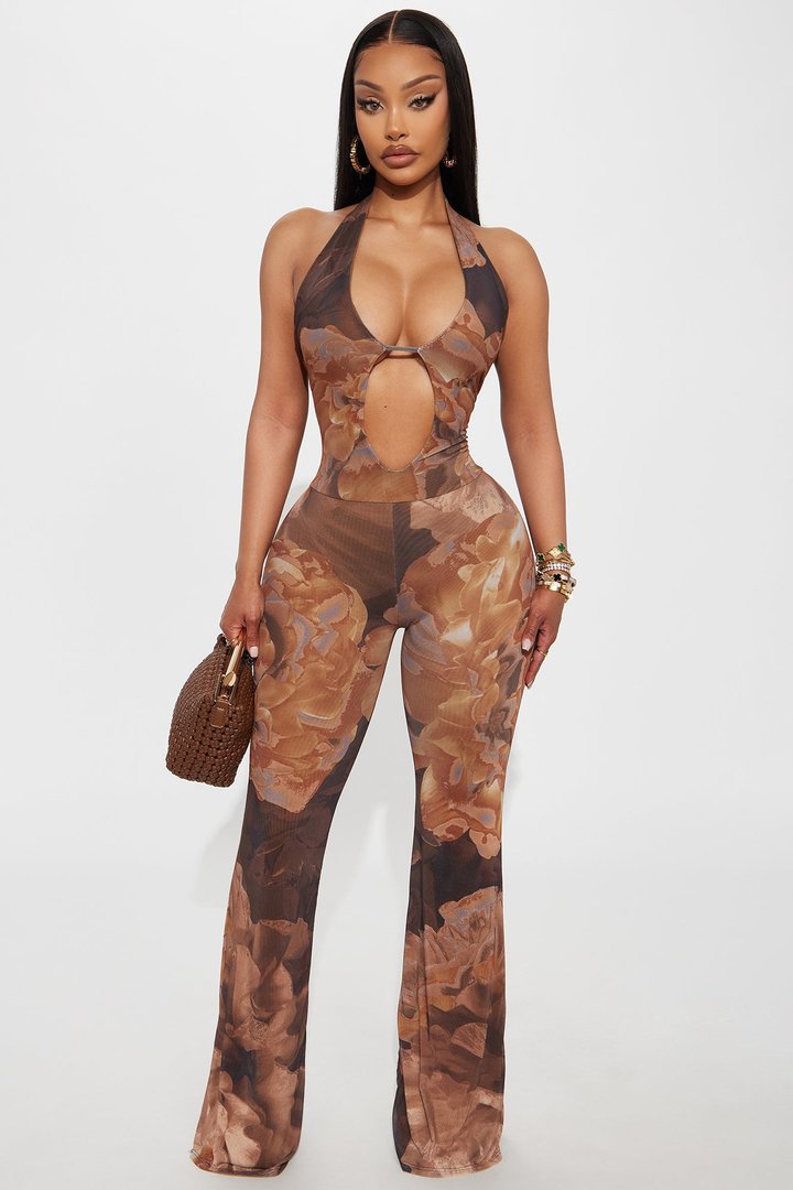 Heat Wave Mesh Halter Flare Jumpsuit - Brown/combo