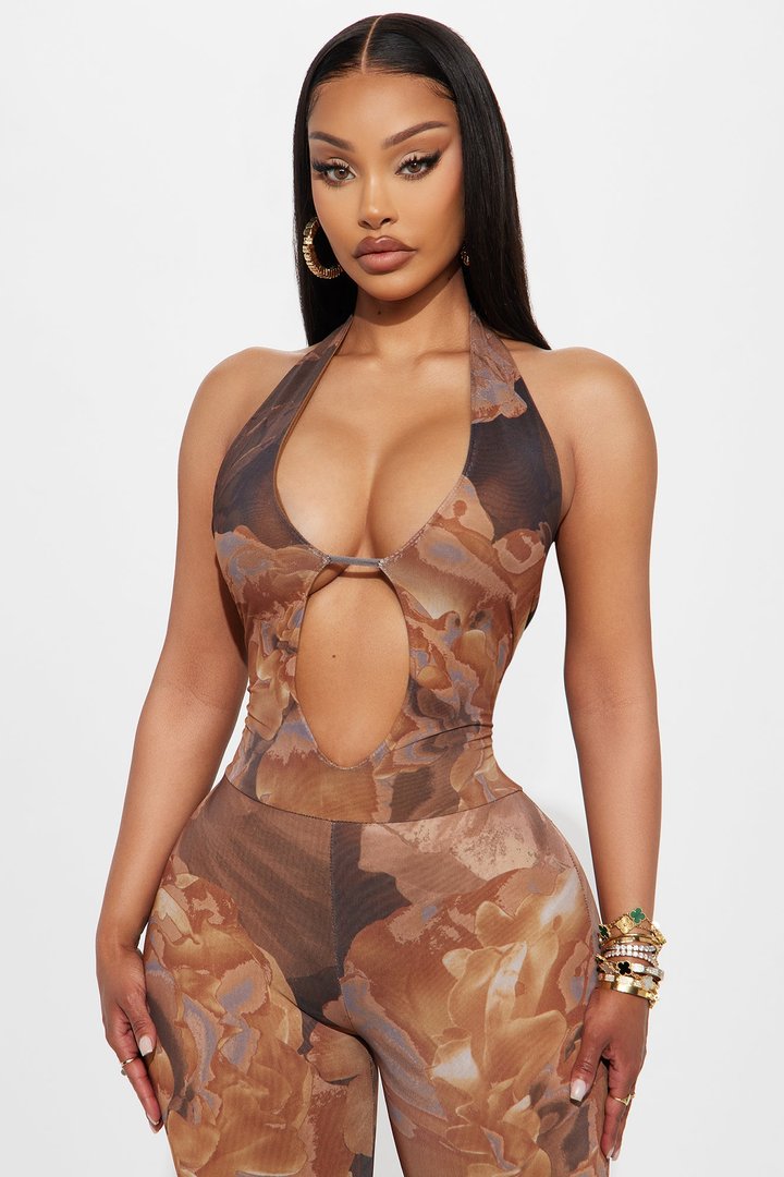 Heat Wave Mesh Halter Flare Jumpsuit - Brown/combo