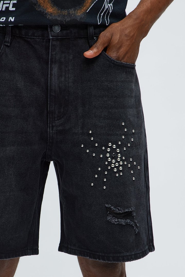 Relaxed Studded Spider Denim Shorts - Black Wash