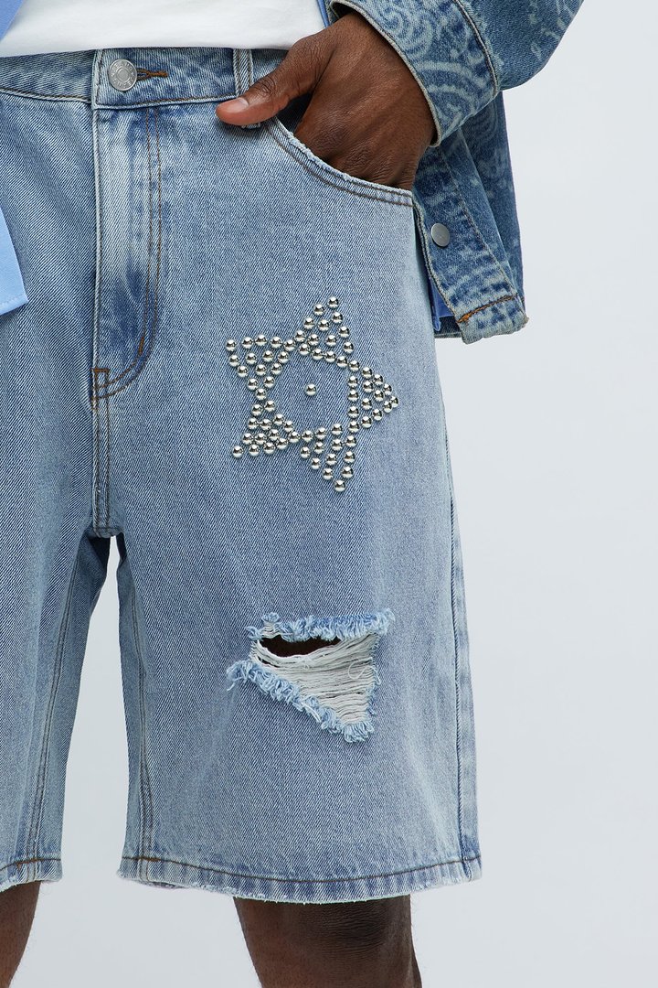 Relaxed Star Studded Denim Shorts - Light Blue Wash