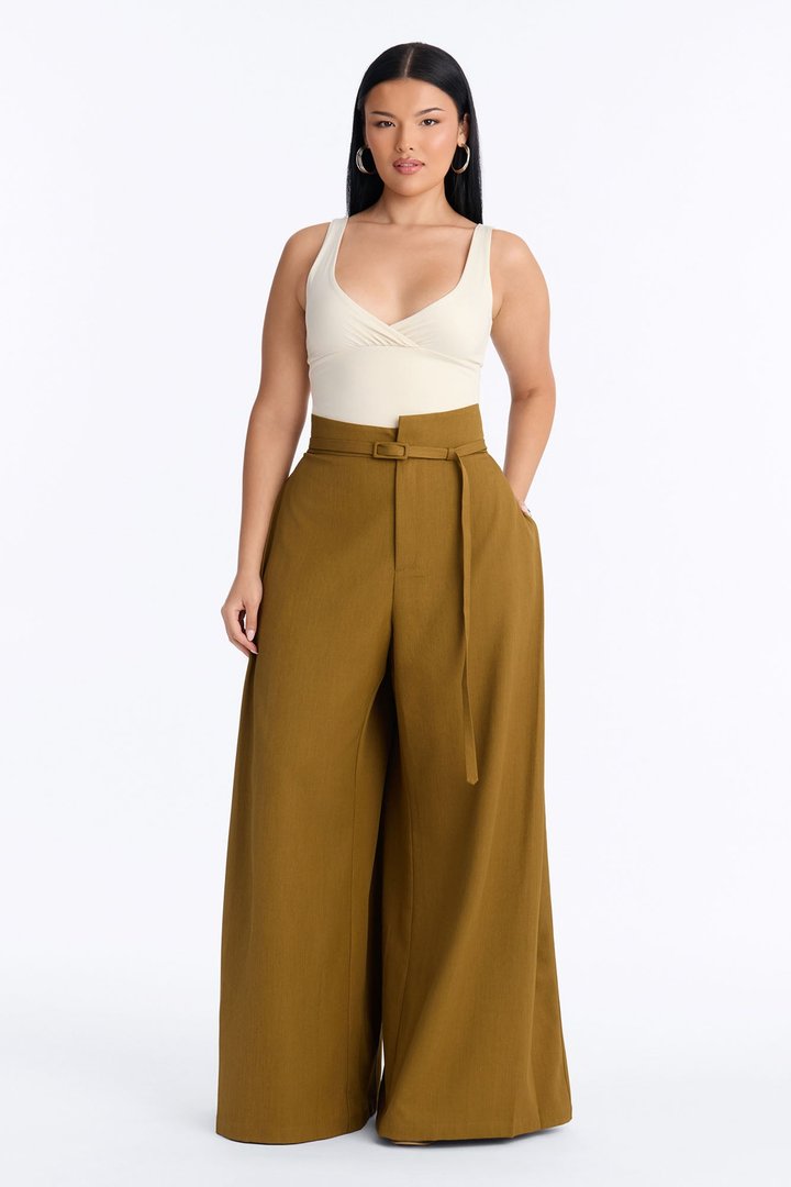 Amaia Asymmetrical Waist Belted Pleated Trouser - Olive