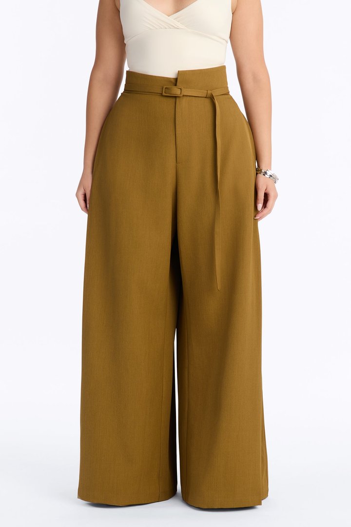 Amaia Asymmetrical Waist Belted Pleated Trouser - Olive