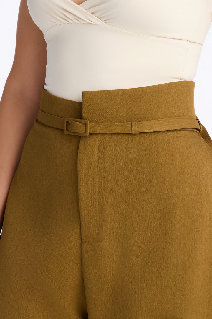 Amaia Asymmetrical Waist Belted Pleated Trouser - Olive