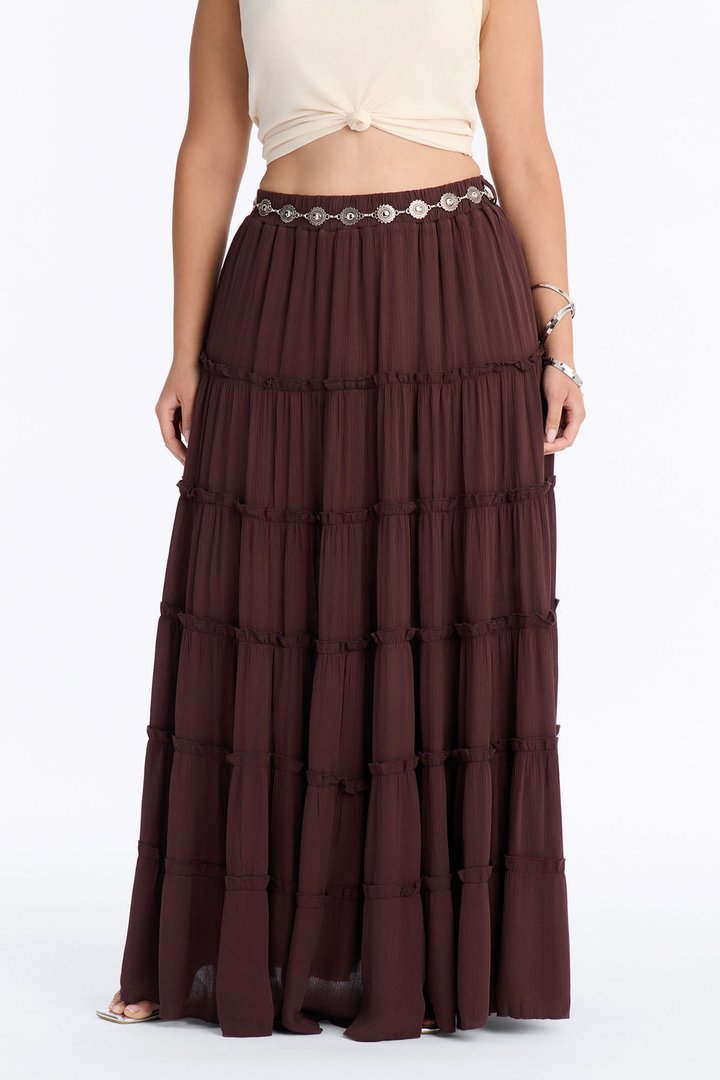 Free Spirit Low Rise Belted Tiered Maxi Skirt - Brown