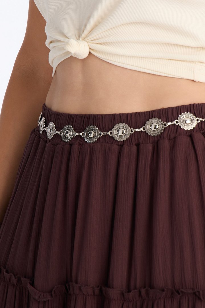 Free Spirit Low Rise Belted Tiered Maxi Skirt - Brown