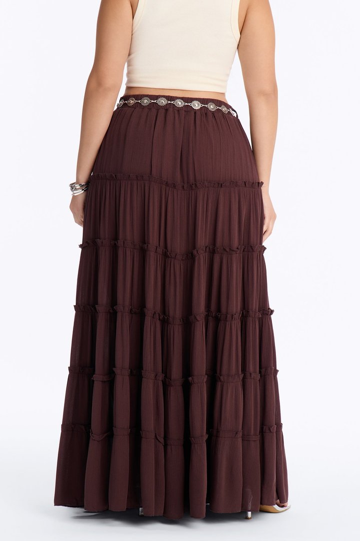 Free Spirit Low Rise Belted Tiered Maxi Skirt - Brown