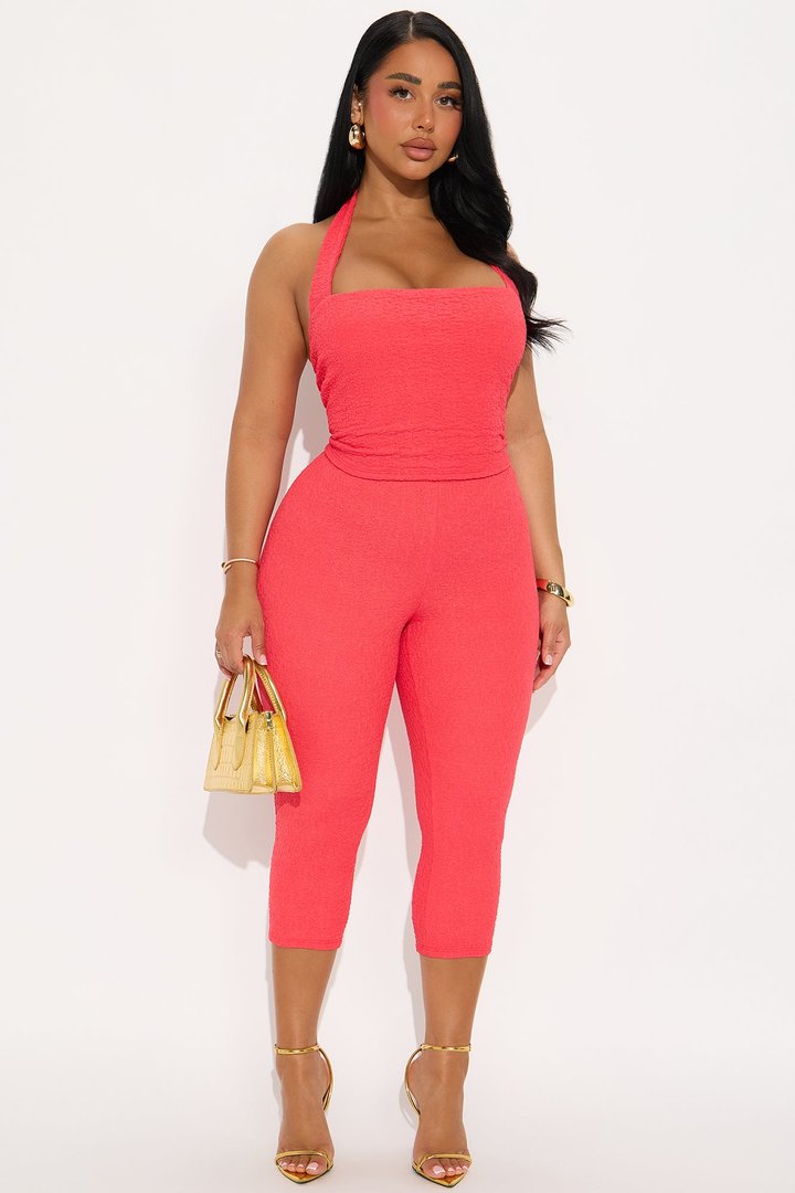 Delilah Textured Halter Capri Pant Set - Coral