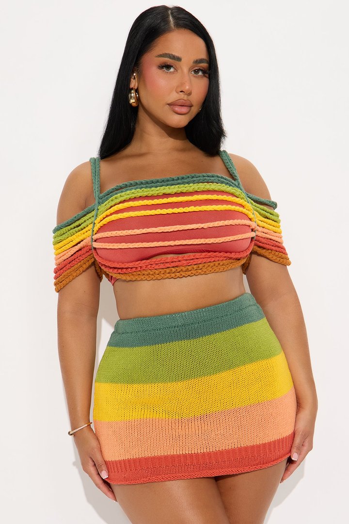 Rainbow Rush Crochet Off Shoulder Skirt Set - Multi Color