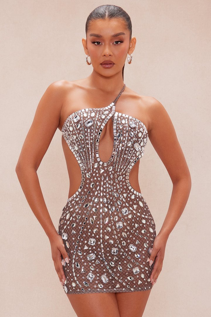 Maria Rhinestone Mini Dress - Nude/combo