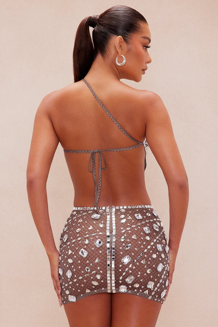 Maria Rhinestone Mini Dress - Nude/combo