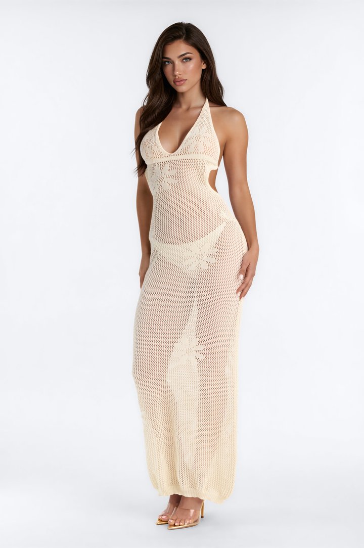 Maren Crochet Swim Cover Up Halter Maxi Dress - Ivory