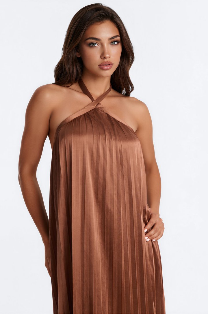 Monique Backless Pleated Satin Maxi Dress - Bronze