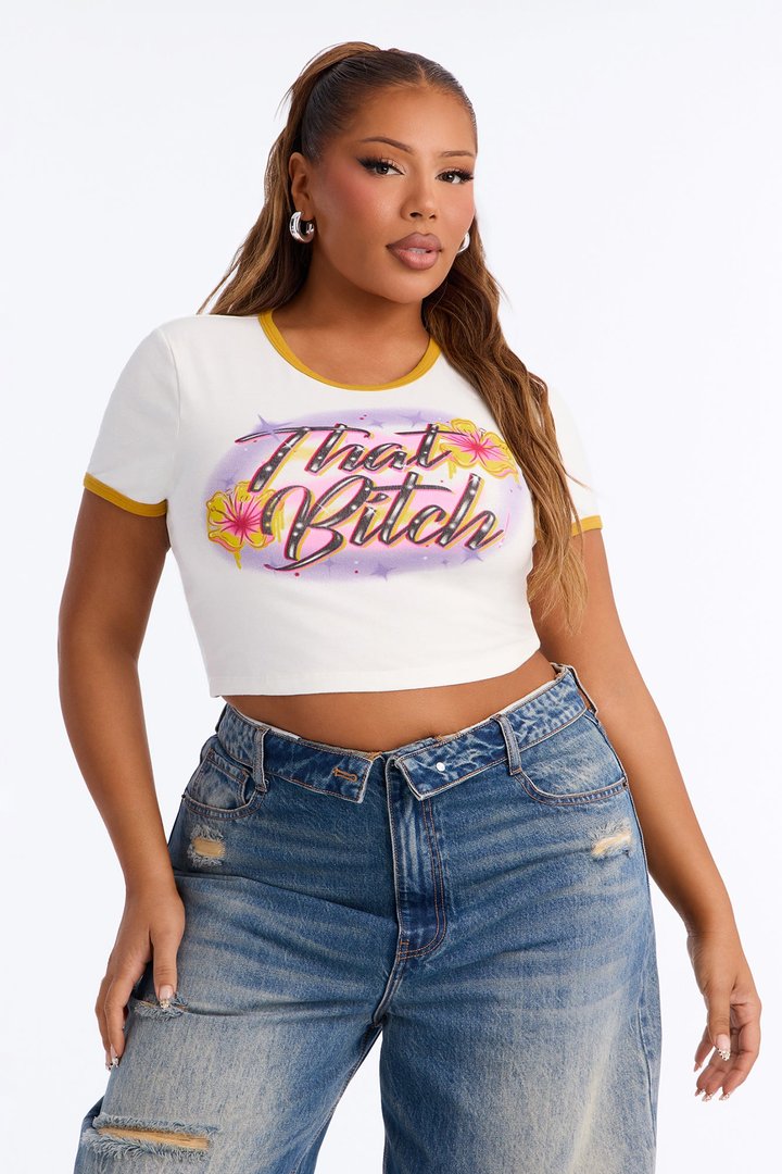 That Bitch Floral Airbrushed Baby Tee - Ivory