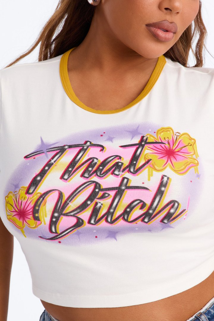 That Bitch Floral Airbrushed Baby Tee - Ivory