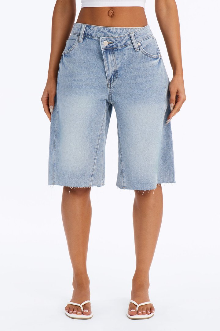 Carryn Non Stretch Crossover Waistband Denim Jorts - Light Wash