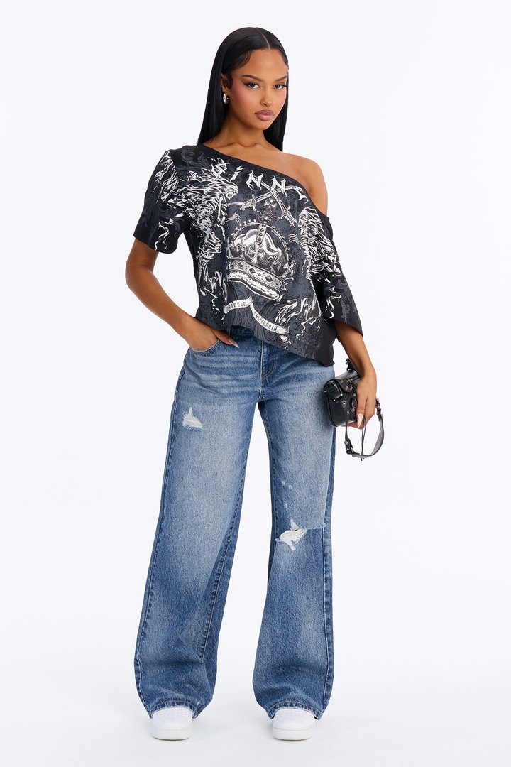 Dark Knight Off Shoulder T-Shirt - Black