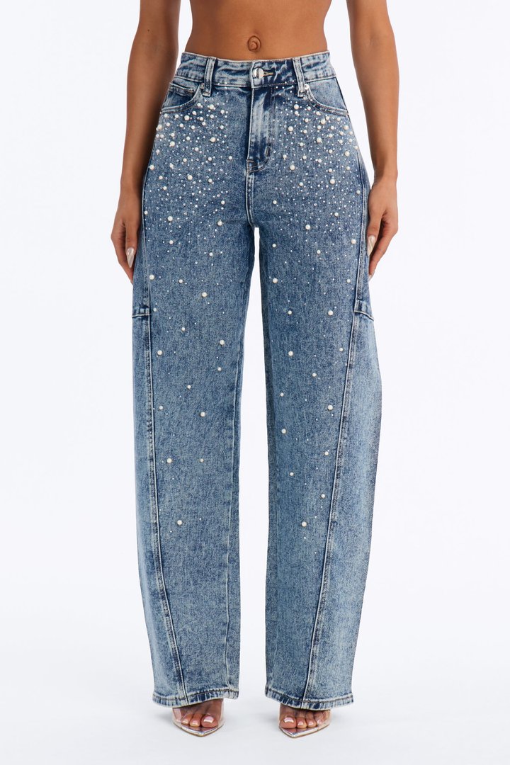 Clutching Her Pearls Embellished Loose Fit Jeans - Dark Wash
