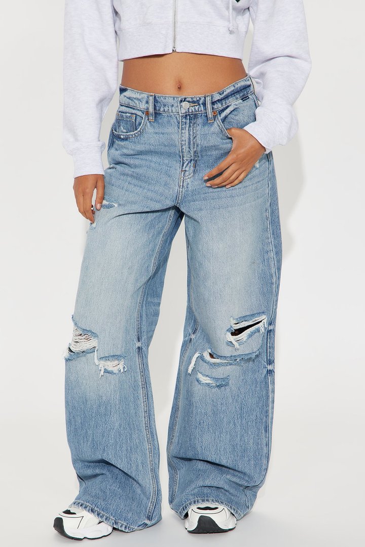 Southside Womens High Rise Baggy Ripped Jeans - Light Wash