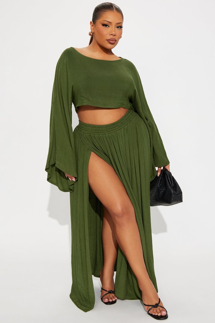 Miranda Maxi High Slit Maxi Skirt Set - Olive