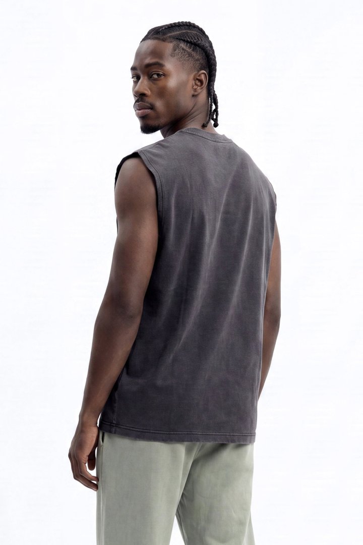 Soft Touch Washed Interlock Oversized Muscle Tee - Black Wash