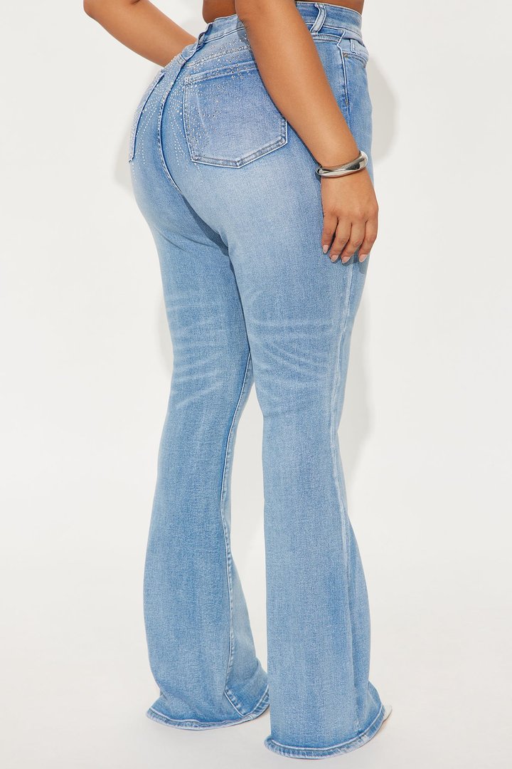 Taking Flight Butterfly Embellished Stretch Flare Jeans - Medium Wash