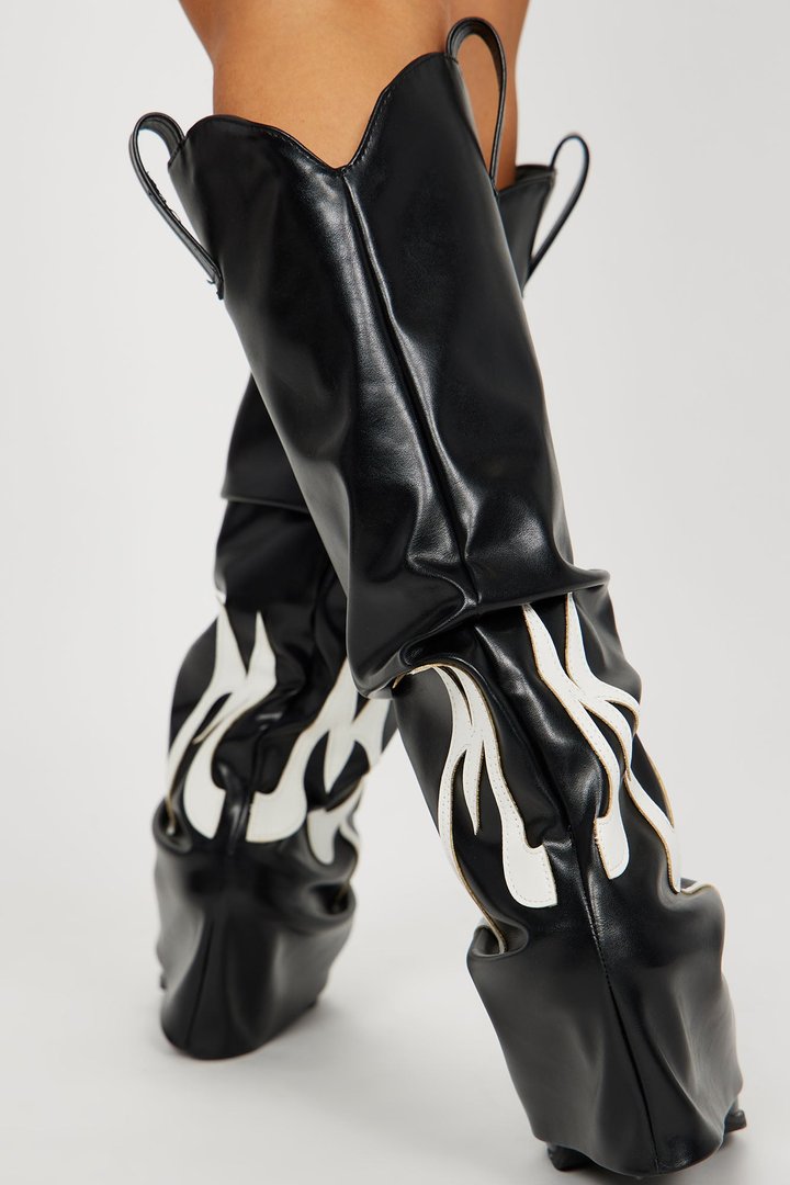 Fire Flames Knee High Boots - Black