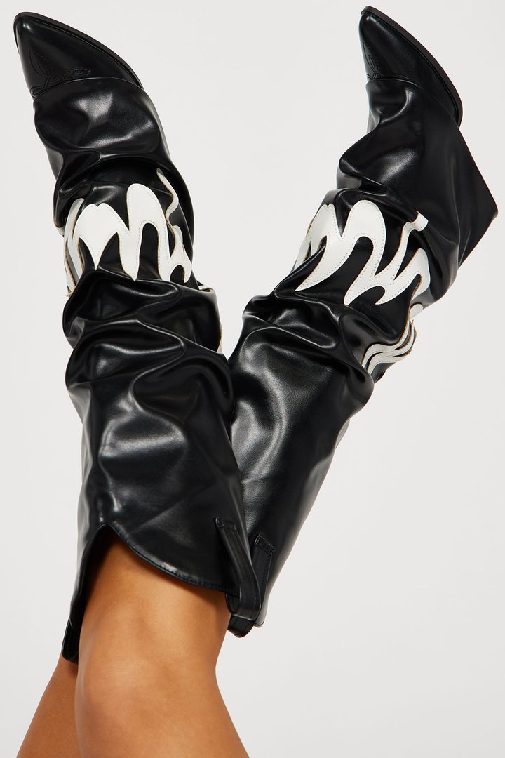Fire Flames Knee High Boots - Black