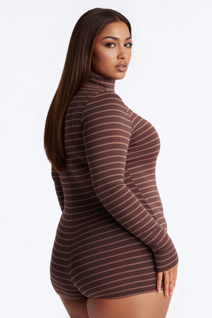 Sienna Turtleneck Long Sleeve Striped Romper - Brown