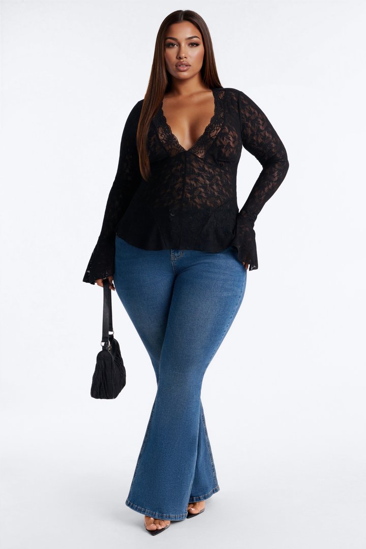 Marina Lace Long Bell Sleeve Top - Black