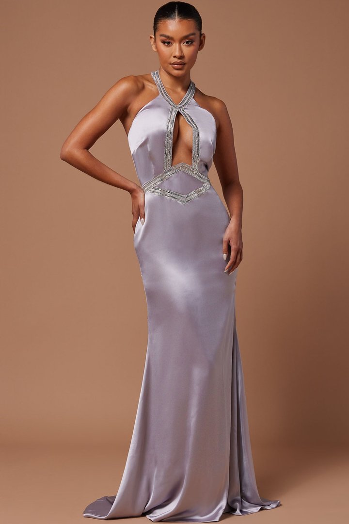 Marnee Satin Embellished Gown - Grey