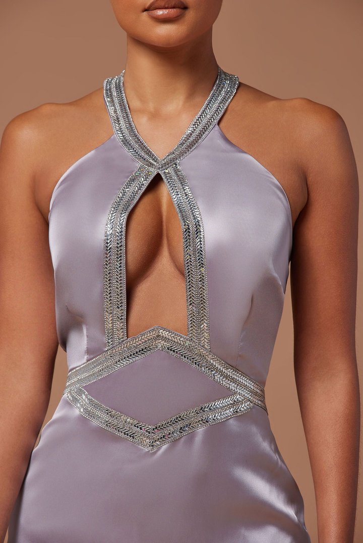 Marnee Satin Embellished Gown - Grey