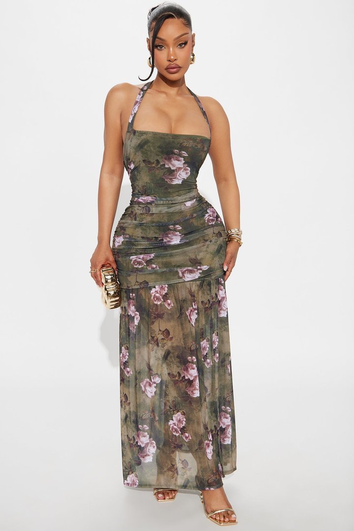 Harmony Halter Mesh Maxi Dress - Olive