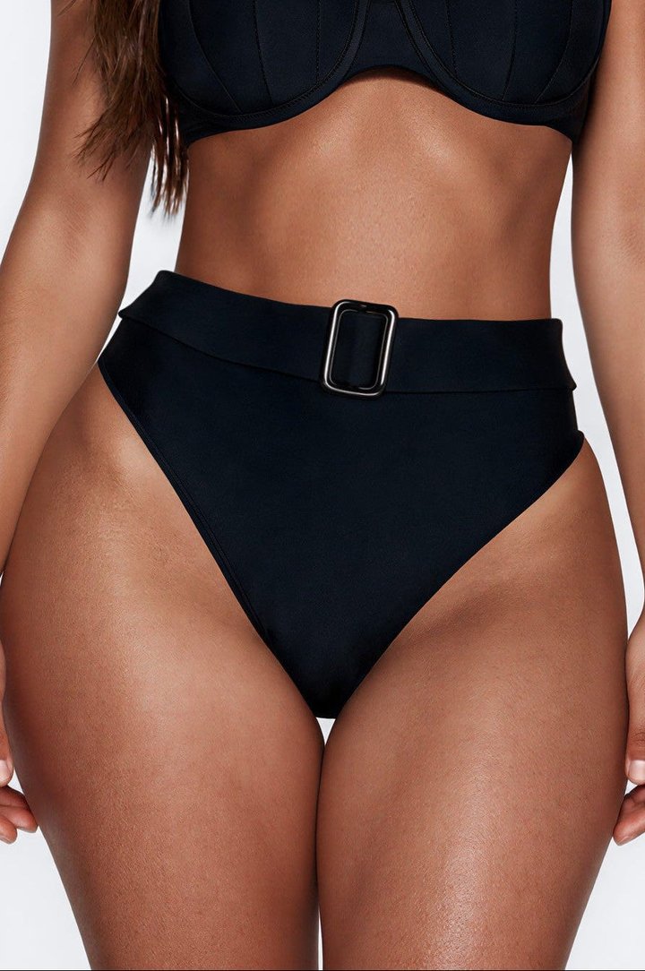 She's Ruthless 2 Piece Underwire Bikini & High Waisted Belted Bottom Set - Black