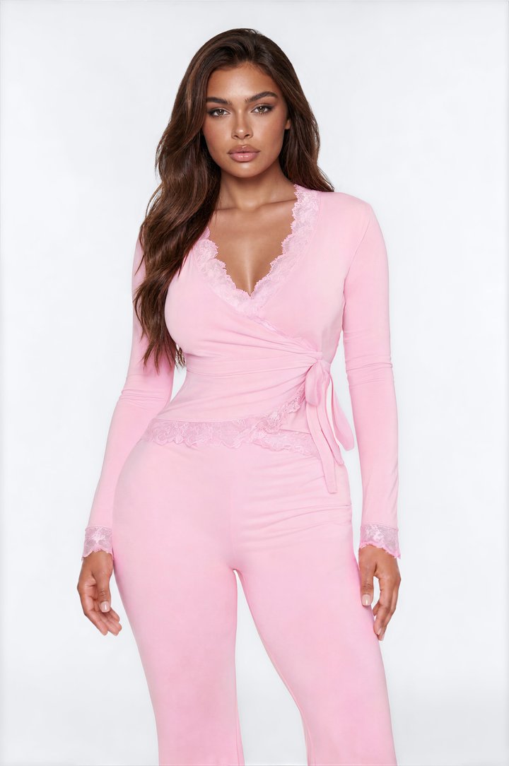 Danielle Lace Trim Wrap Pant Set - Pink