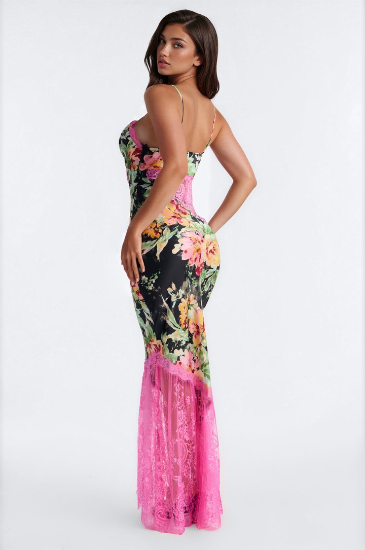 Italia Glow Satin Lace Maxi Dress - Black/combo