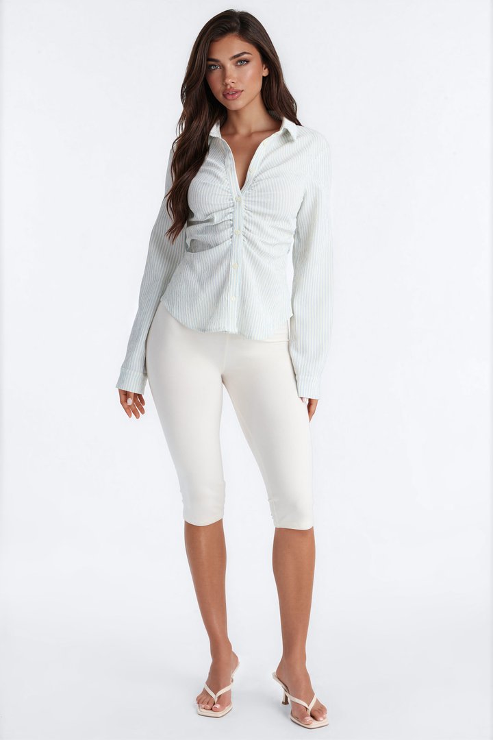 Minimal Effort Ruched Pinstripe Gauze Shirt - Blue/combo