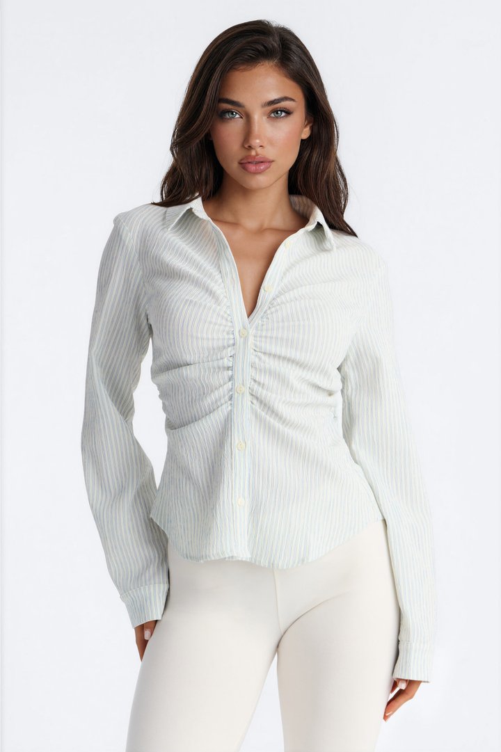 Minimal Effort Ruched Pinstripe Gauze Shirt - Blue/combo
