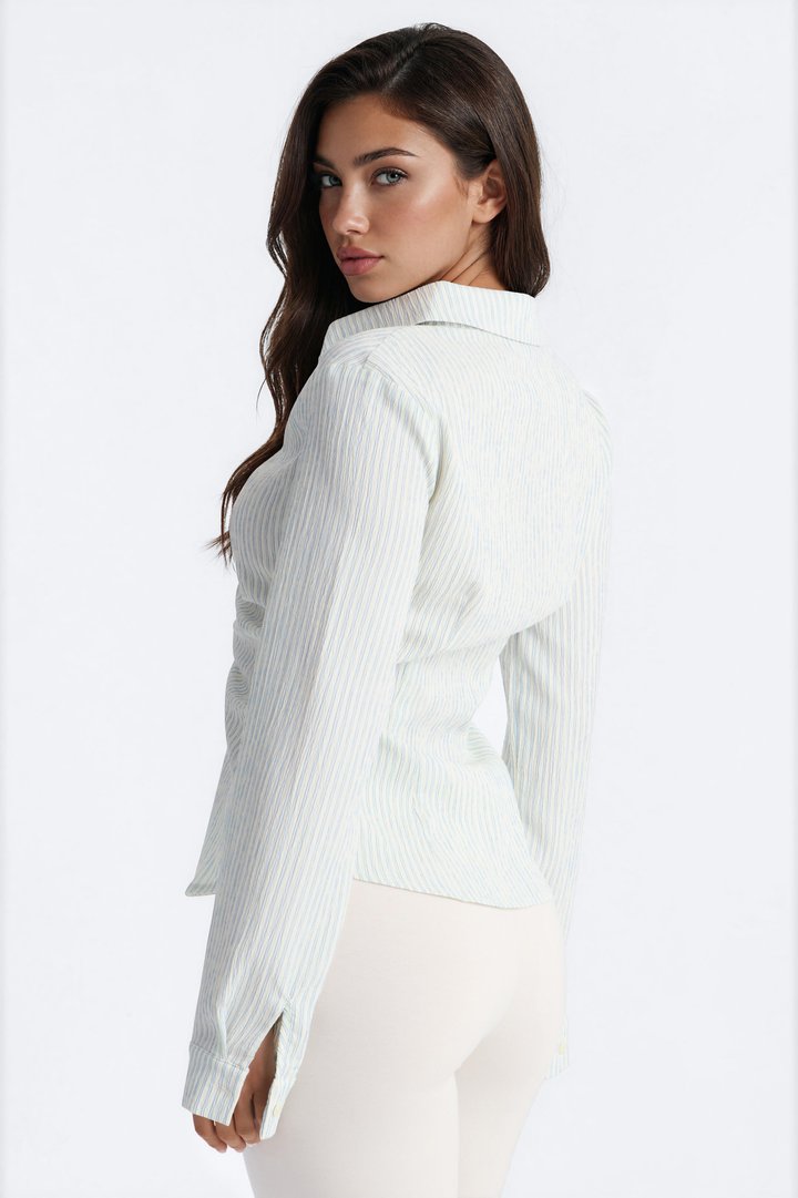 Minimal Effort Ruched Pinstripe Gauze Shirt - Blue/combo