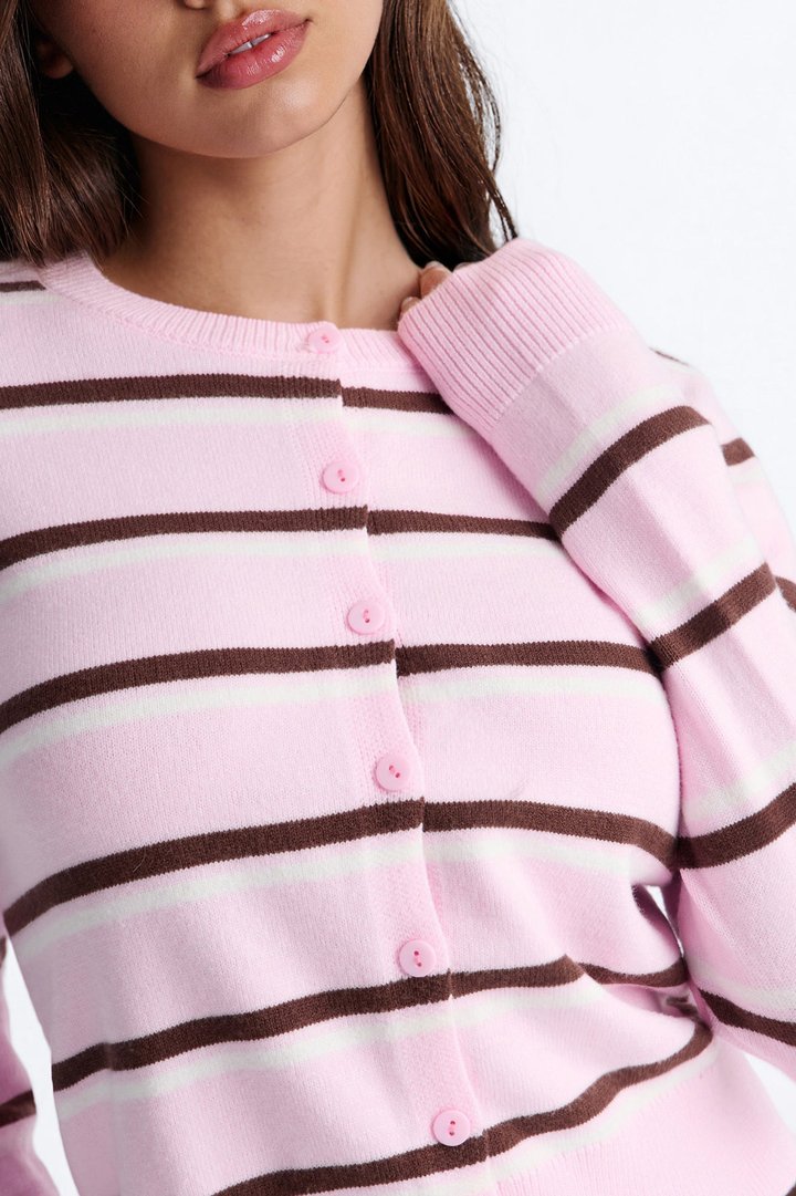 Connie Striped Boat Neck Cardigan - Pink/combo