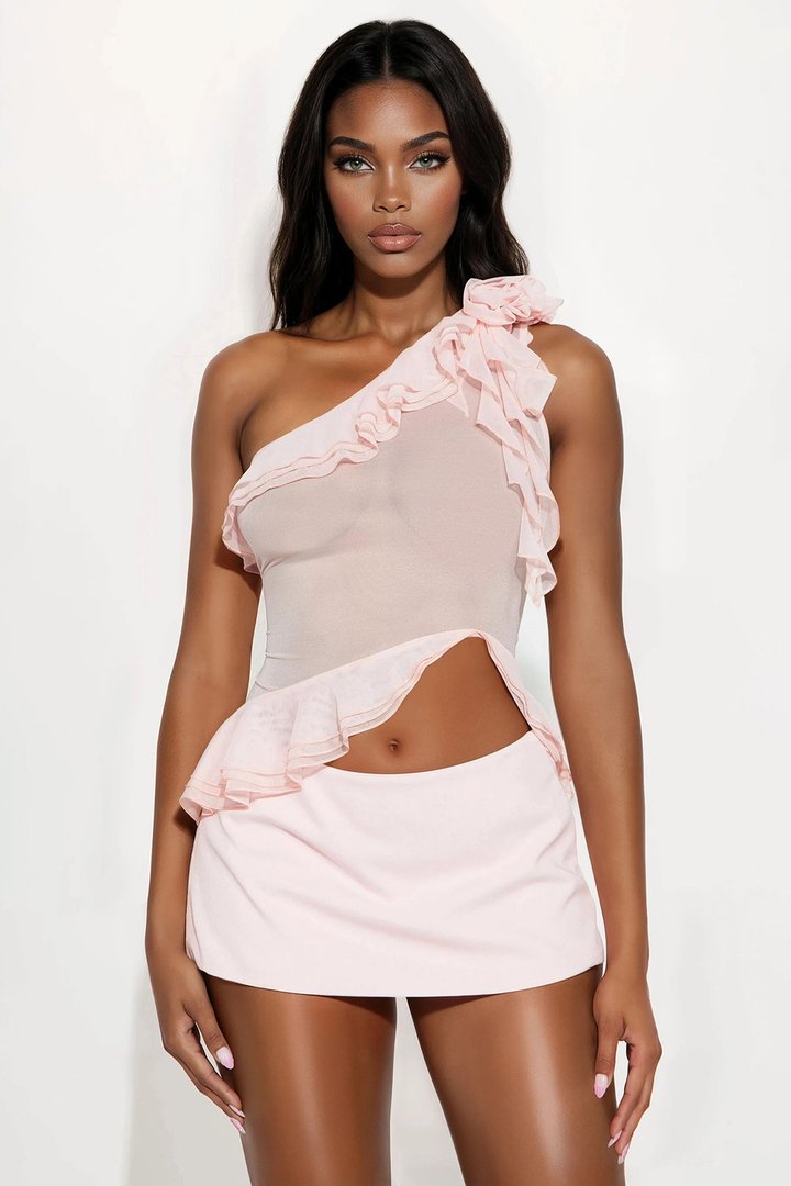Latest Inspiration Mesh One Shoulder Ruffle Top - Pink