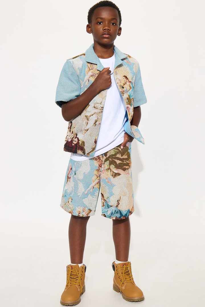 Mini Angels Tapestry Button Up Shirt - Blue/combo