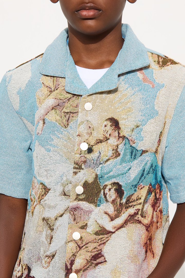 Mini Angels Tapestry Button Up Shirt - Blue/combo