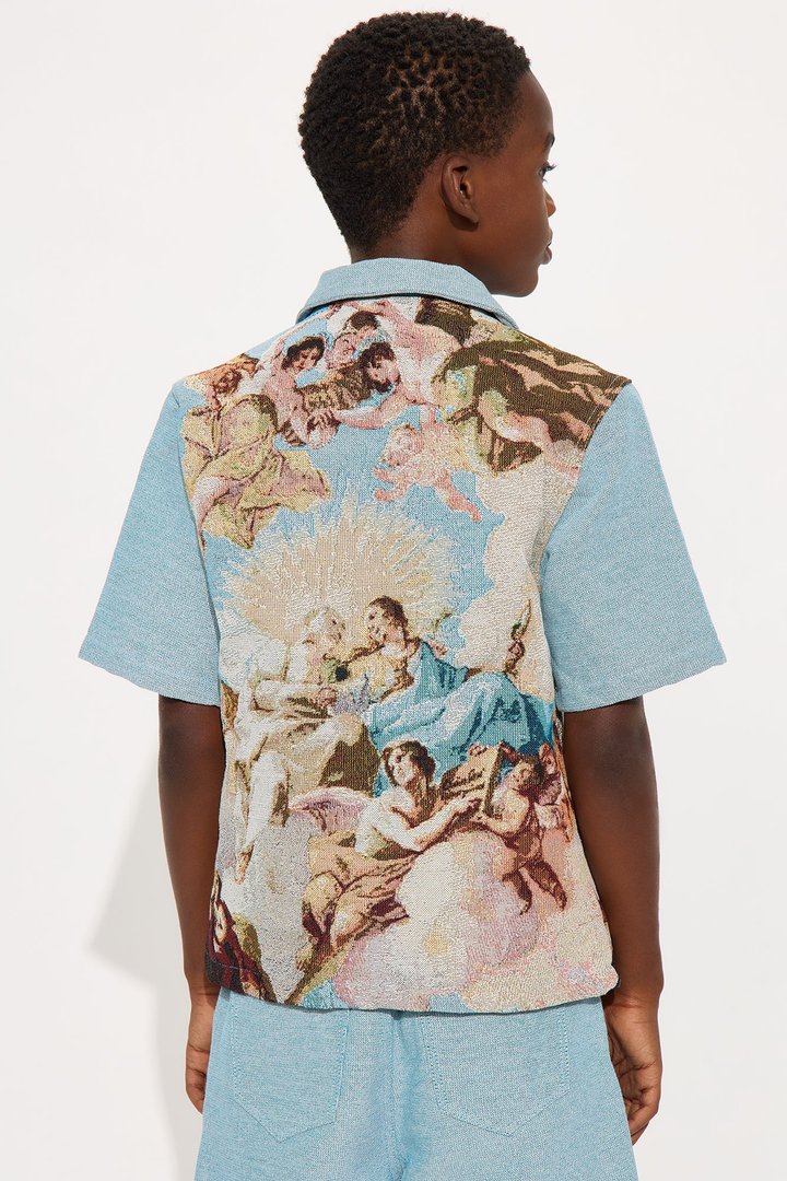 Mini Angels Tapestry Button Up Shirt - Blue/combo