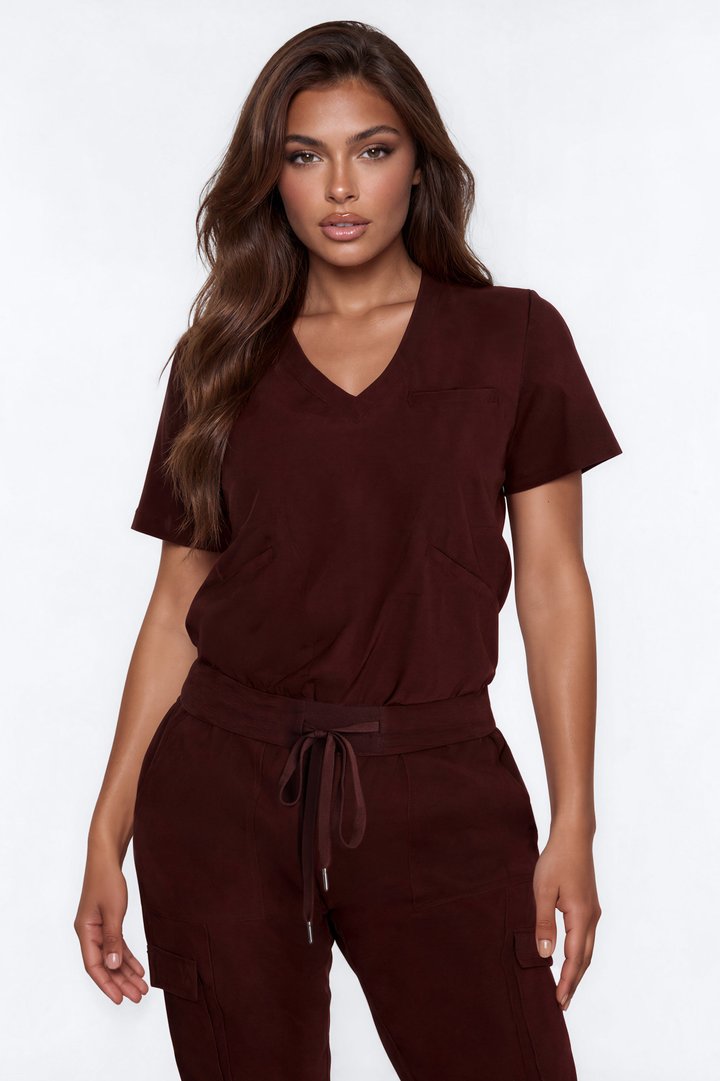 Pretty In Practice Scrub V Neck Top - Chocolate